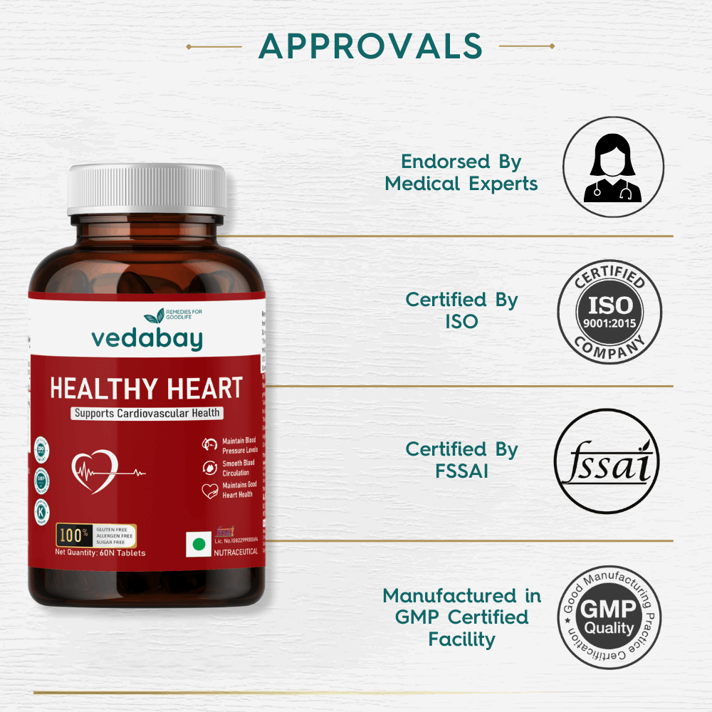 Healthy Heart Tablets to Lower Cholesterol & Triglycerides, Blood Pressure Control & Overall Cardiovascular Health, 60 Tablets - Vedabay