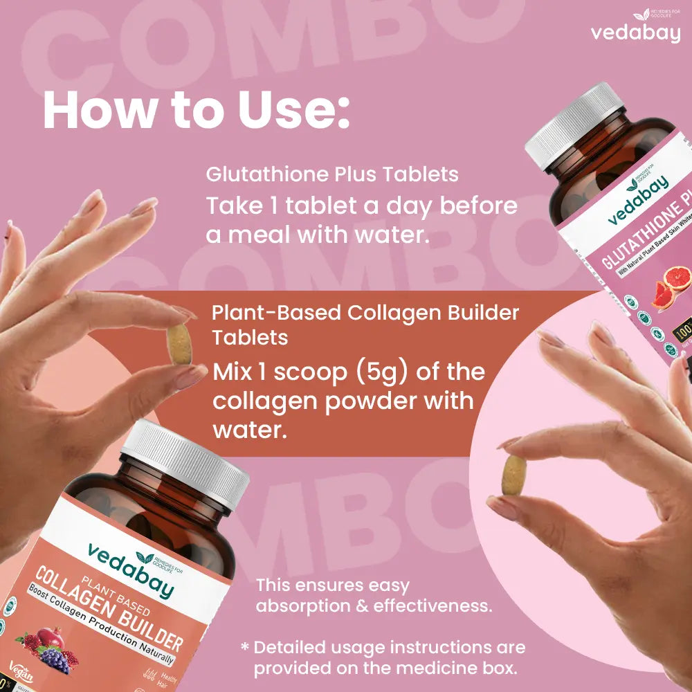 Combo: Glutathione Plus Tablets + Plant-Based Collagen Builder Tablets Vedabay Combo: Glutathione Plus Tablets + Plant-Based Collagen Builder Tablets Vedabay
