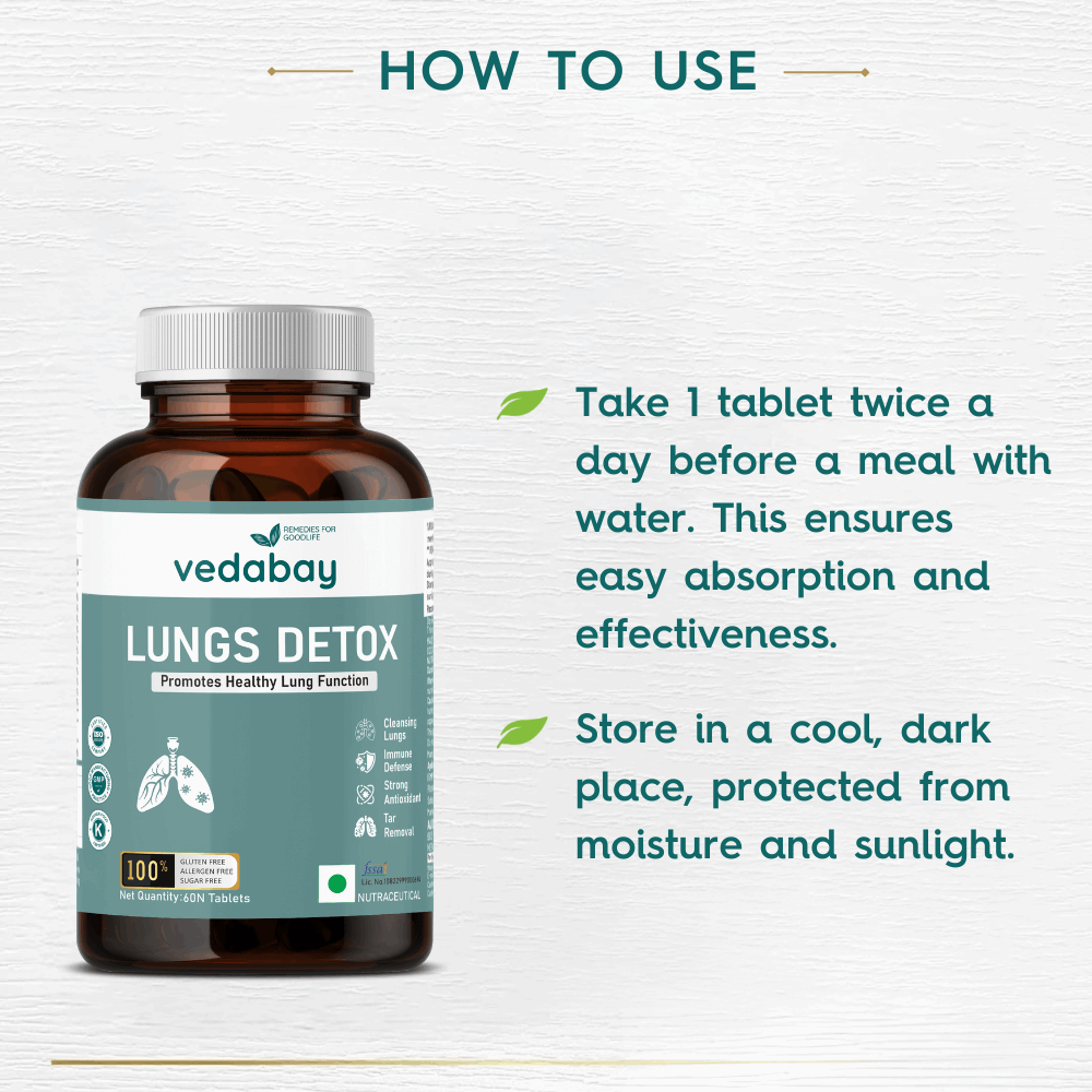 Lungs Detox Tablets to Cleanse Smoke & Pollution Damage, Remove Tar, Mucus, and Rejuvenate Respiratory Health, 60 Tablets - Vedabay