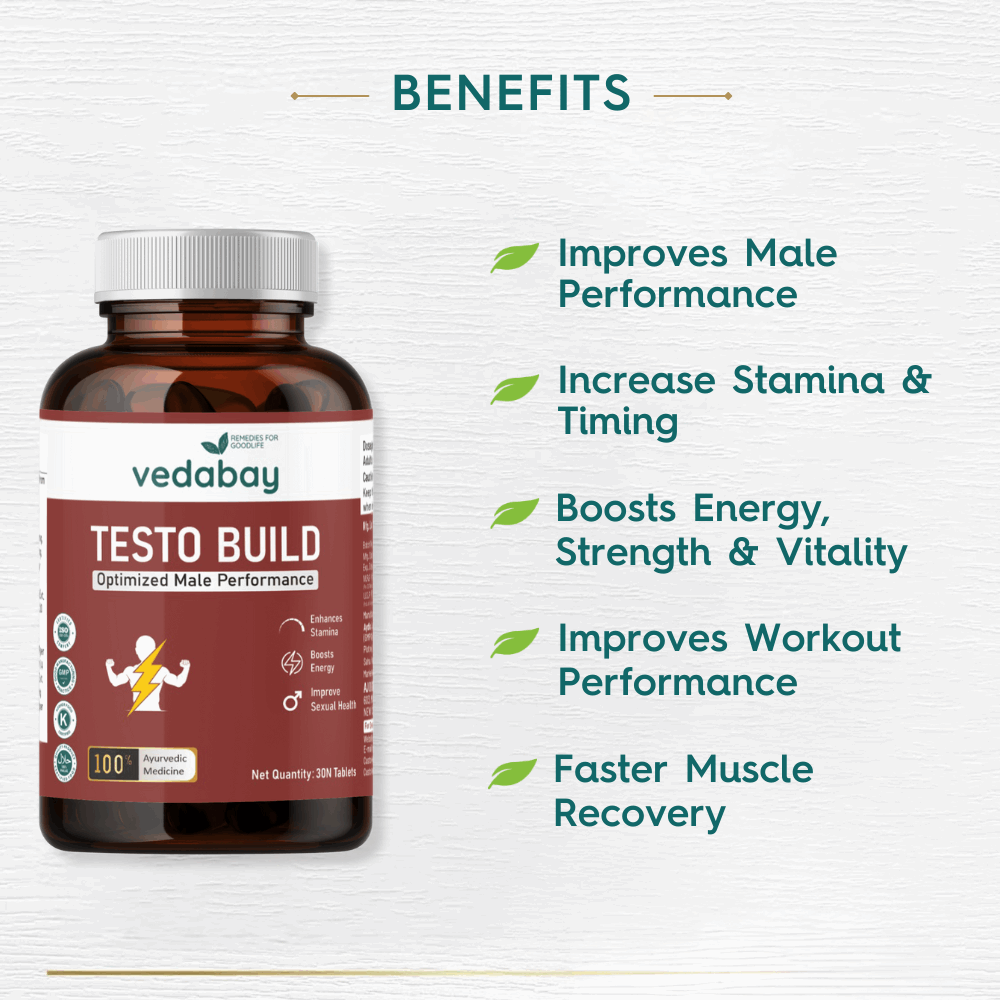 Testo Build Testosterone Booster Tablets for Strength, Vitality & Performance, Anxiety and Stress Relief, 30 Tablets - Vedabay